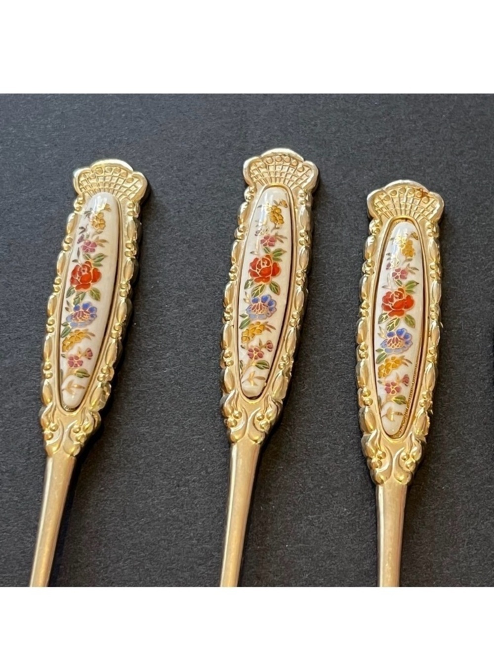 Demitasse Fork Set Porcelain Floral Handle Japan Gold Tone Appetizer Tea Set 11x